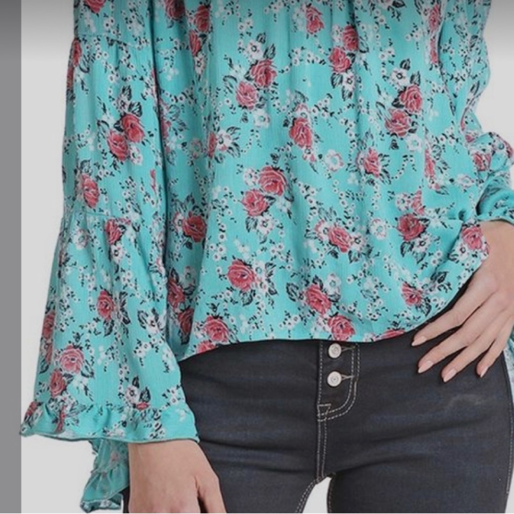 Off the Shoulder Turquoise Floral Print Peasant Blouse - Picture 3 of 7